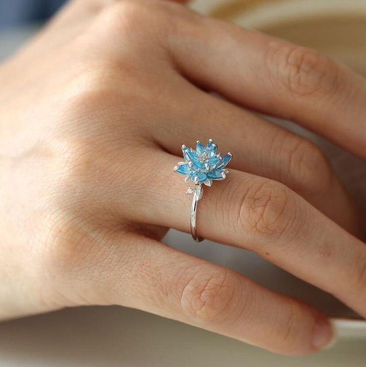 Aquamarine Flower Ring, Japanese Style Engagement Ring, Floral Ring Design, Blue Flower Promise Ring, Lotus Flower Engagement Ring, Water Ring, Hand Jewelry Rings, Aqua Ring, Lotus Flower Ring