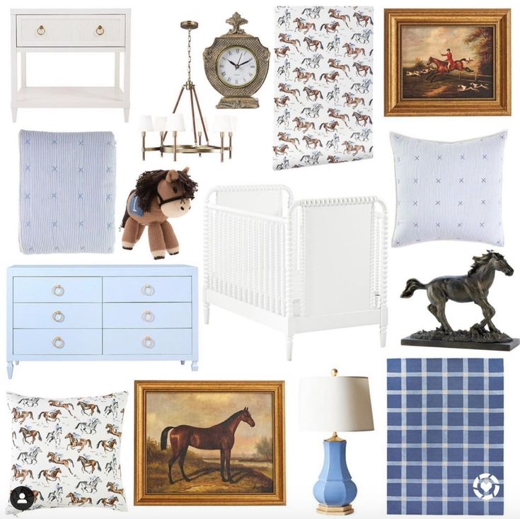 a baby's room with blue and white decor, including a crib, horse bedding, dresser, wall hangings, framed pictures, and other items