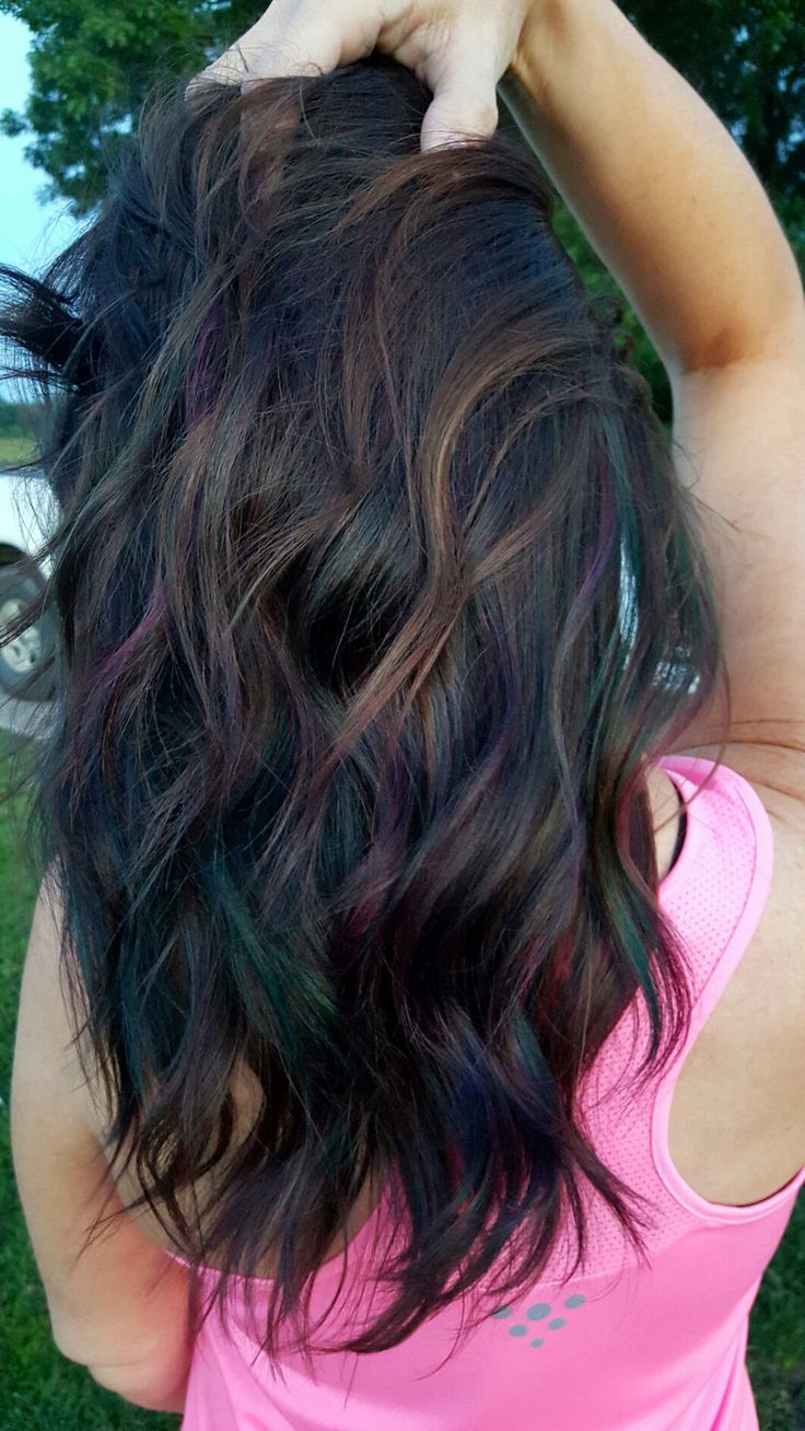 Oil Slick Hair Color, Oil Slick Hair, Blue Hair Highlights, Slick Hair, Haircuts For Long Hair With Layers, Oil Slick, Hair Color Blue, Hair Color And Cut, Haircuts For Long Hair