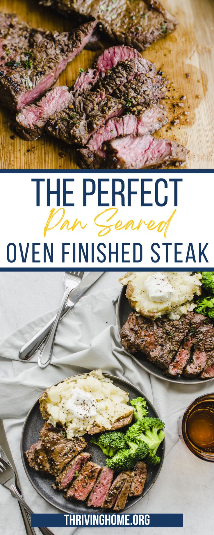 the perfect steak served over finished steak with mashed potatoes and broccoli