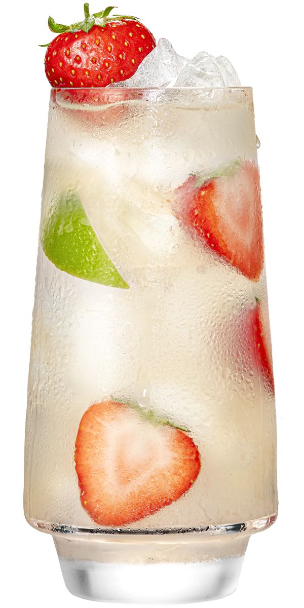 a glass filled with ice and strawberries