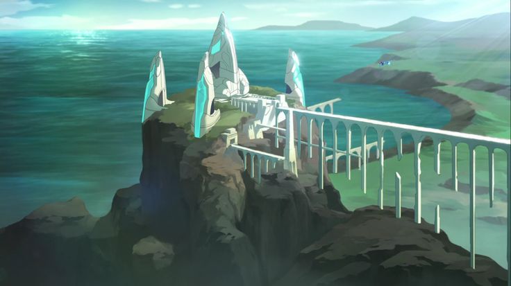 an animated scene of a bridge over the ocean