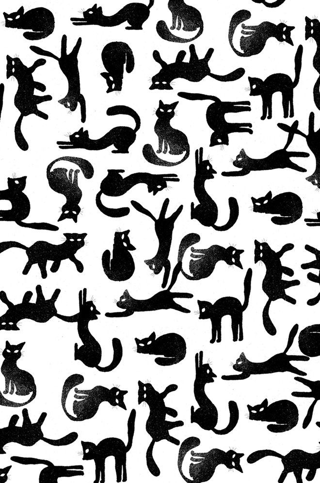 black and white silhouettes of cats in various positions, with one cat on the other side