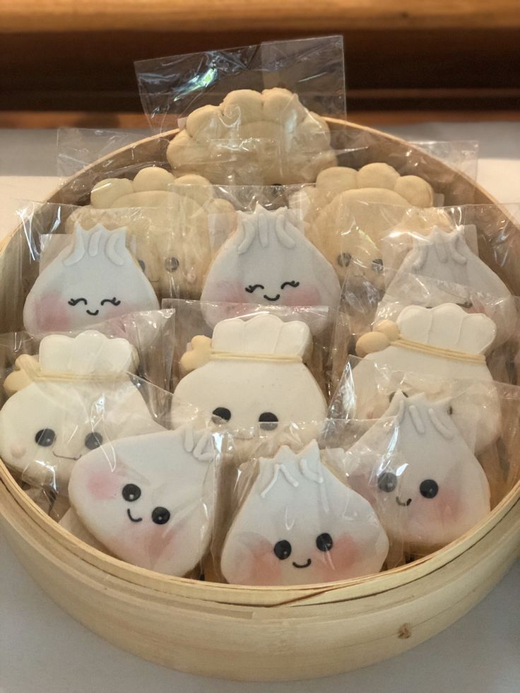 a basket filled with lots of cookies on top of a table