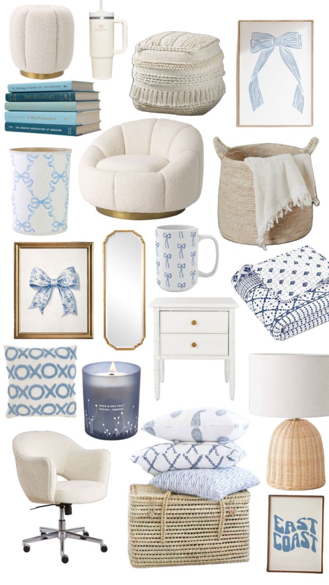 a collage of blue and white items including a chair, bed, mirror, table, lamp, coffee cup, blanket, pillows, lamps, pictures