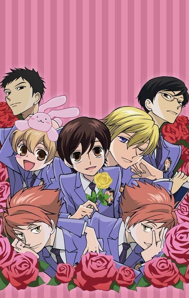 some anime characters with roses and bunny ears on their heads in front of a pink background