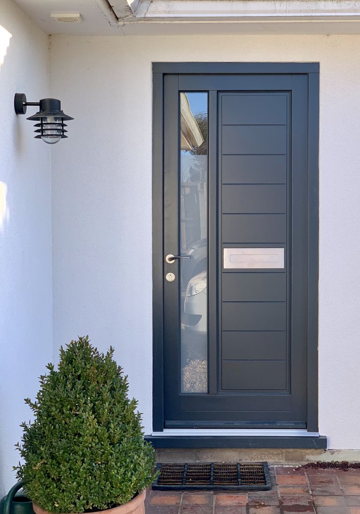 a black front door with two potted plants on the side and one planter