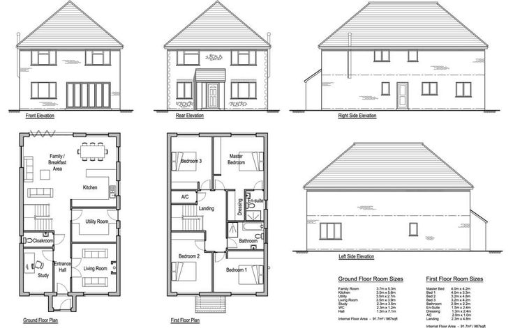 three story house plans with floor plans and measurements