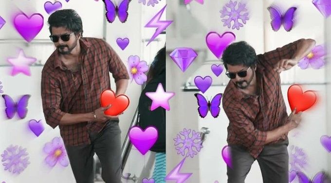 two pictures of a man with heart shaped balloons in front of purple and pink hearts