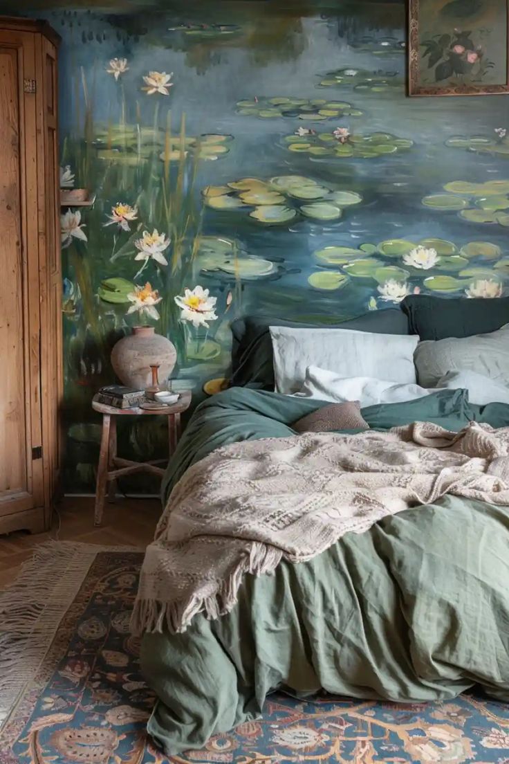 there is a bed with green sheets and white flowers on the wall next to it