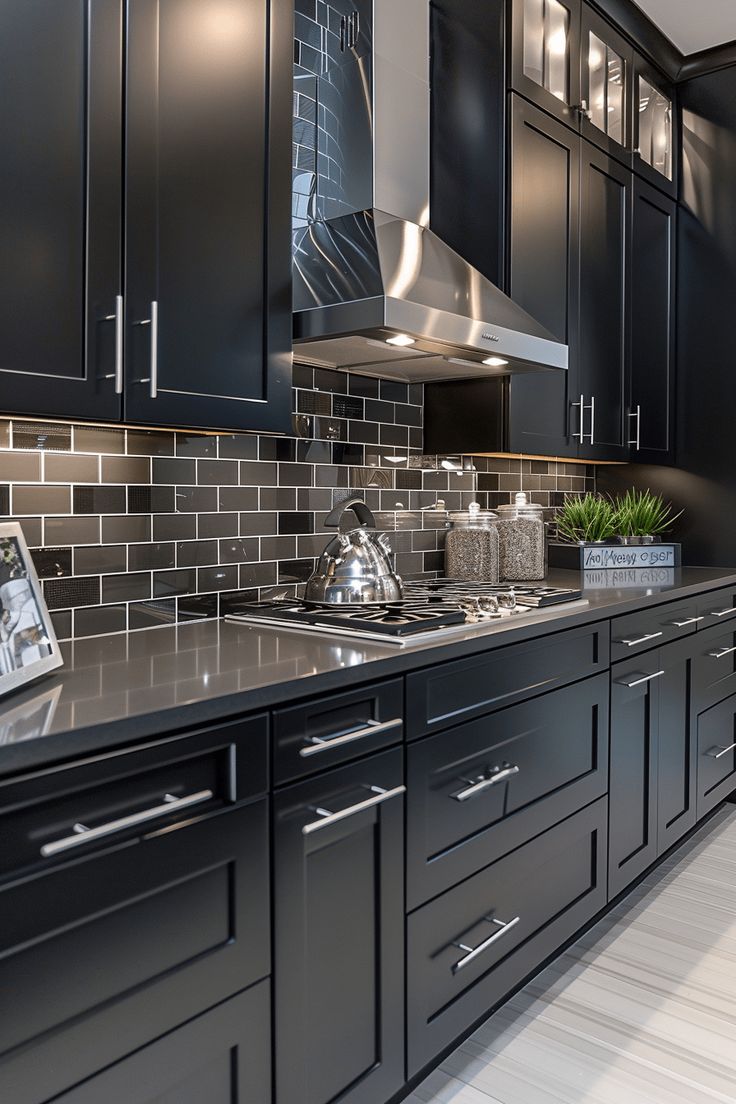 a kitchen with black cabinets and stainless steel appliances