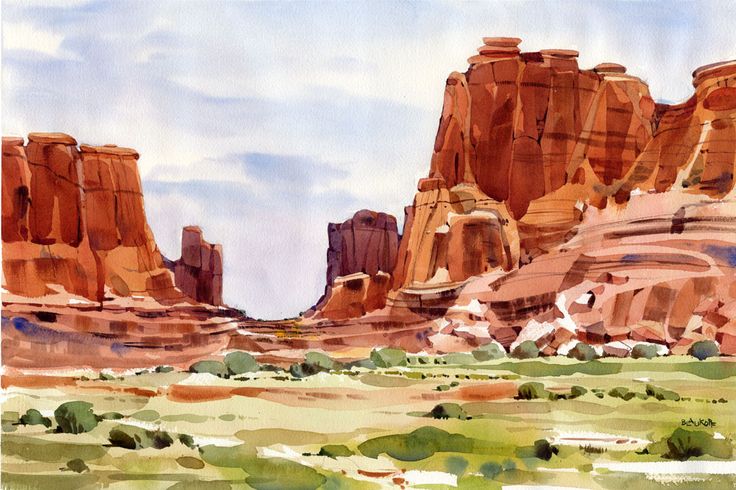 a painting of the desert with rocks in the background