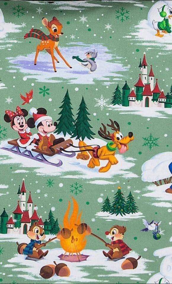 mickey mouse and friends on sleigh in the snow with christmas trees, reindeers and