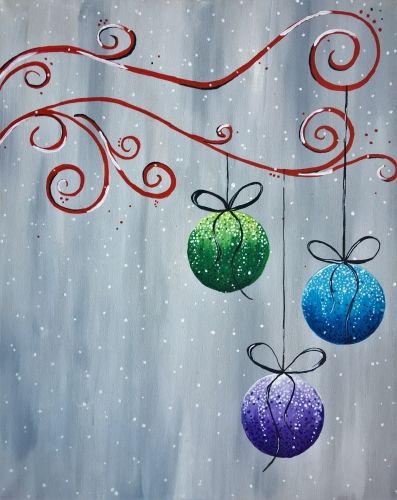 an acrylic painting of christmas ornaments hanging from a tree branch