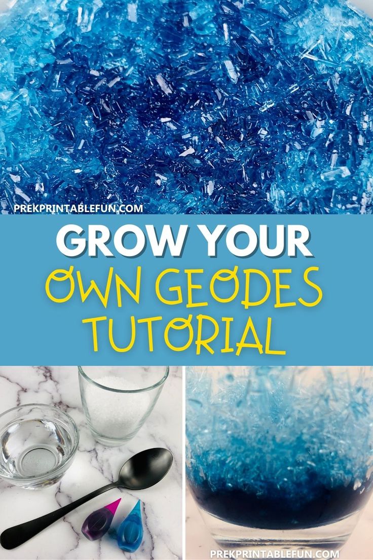 blue and yellow liquid in a glass with text overlay that reads grow your own geodes