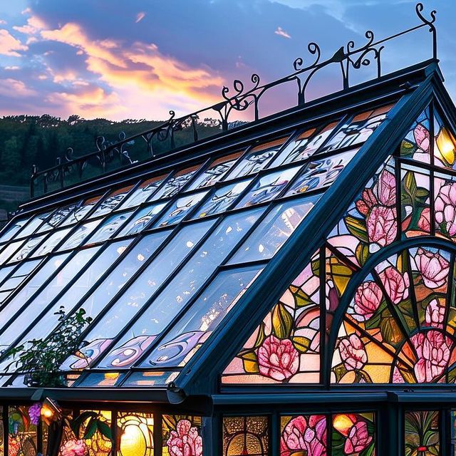 a glass house with flowers painted on the side and windows in the top half at sunset