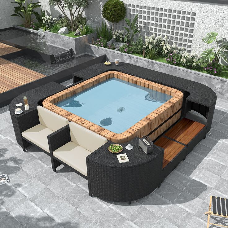 an outdoor hot tub with seating around it