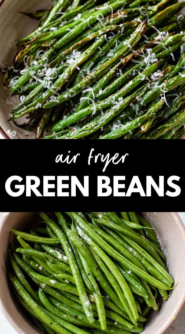 air fryer green beans in a white bowl with salt on top and the words, air fryer green beans