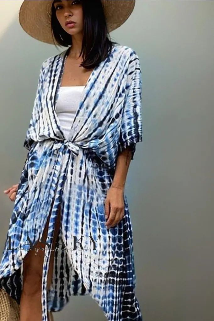 Lasaky - Womens Fashionable Printed Kimono-Style Beach Cover-Up - Stylish Sun-Protective Swimwear Cover-Up Casual Long Printed Cover-up, Spring Casual Printed Cover-up, Casual Blue Wrap Kimono, Casual Blue Kimono For Beach Cover-up, Casual Blue Beach Kimono, Casual Blue Kimono For Beach, Casual Blue Printed Kimono, Casual Printed Wrap Cover-up, Casual Wrap Cover-up For Beach Season