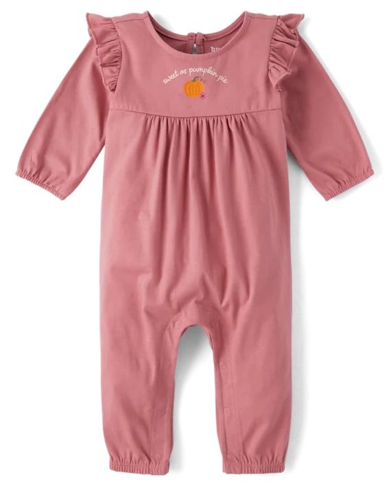 Baby Girls Long Sleeve Pumpkin Pie Jumpsuit | The Children's Place - FLORA Long Sleeve Jumpsuits And Rompers For Fall Playtime, Long Sleeve Bodysuit For Playtime In Fall, Cute Cotton Jumpsuit With Long Sleeves, Cute Cotton Jumpsuits And Rompers With Long Sleeves, Cotton Long Sleeve Onesie For Fall, Cotton Long Sleeve Bubble Romper For Playtime, Pink Cotton Bodysuit For Loungewear, Cotton Long Sleeve Bodysuit For Playwear, Long Sleeve Cotton Bodysuit For Playwear