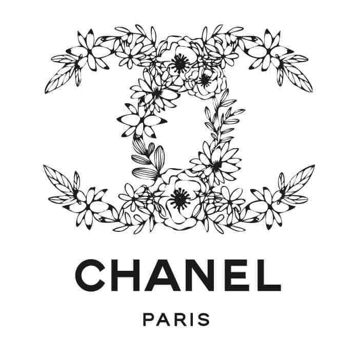 the chanel logo with flowers and leaves in black and white on a white background