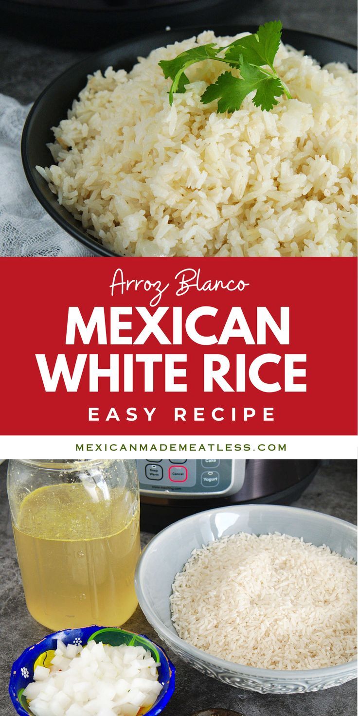 mexican white rice in a bowl and ingredients to make it on the counter with text overlay