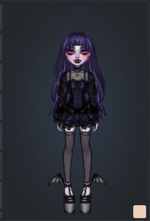 an animated character with purple hair and black stockings, standing in front of a dark background