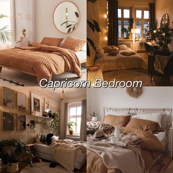 there are two pictures of a bedroom with bedding and decorations on the walls,