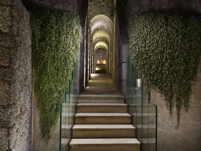 a set of stairs leading up to the top of some stone walls with ivy growing on them