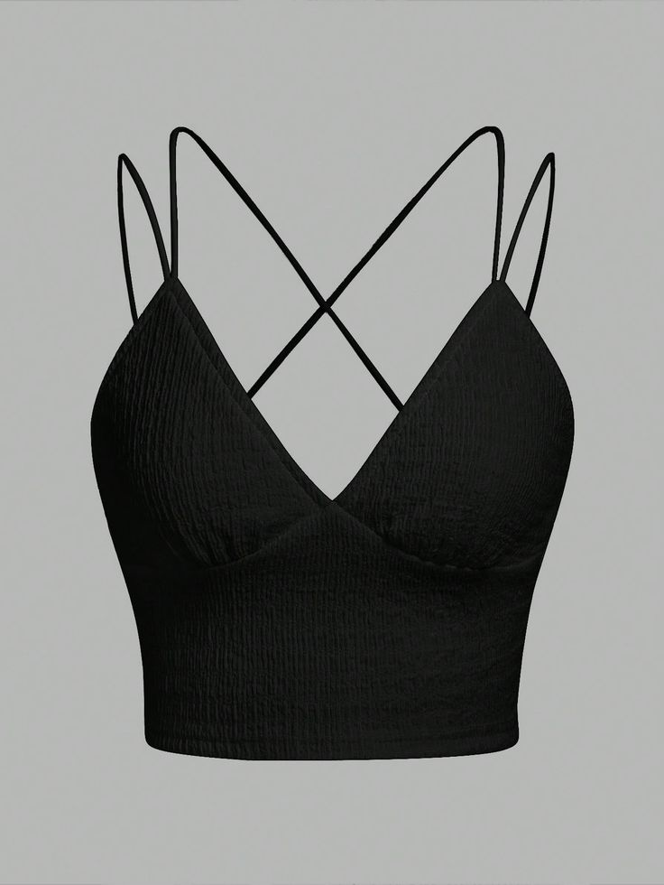 Crisscross Back Shirred Cami Top Black Boho   Fabric Plain Cami Slight Stretch Summer Women Clothing, size features are:Bust: ,Length: ,Sleeve Length: Black Cami Top, Boho Fabric, Black Boho, Women Tank Tops, Cropped Cami, Cami Crop Top, Bralette Tops, Tank Top Cami, Kids Sleepwear