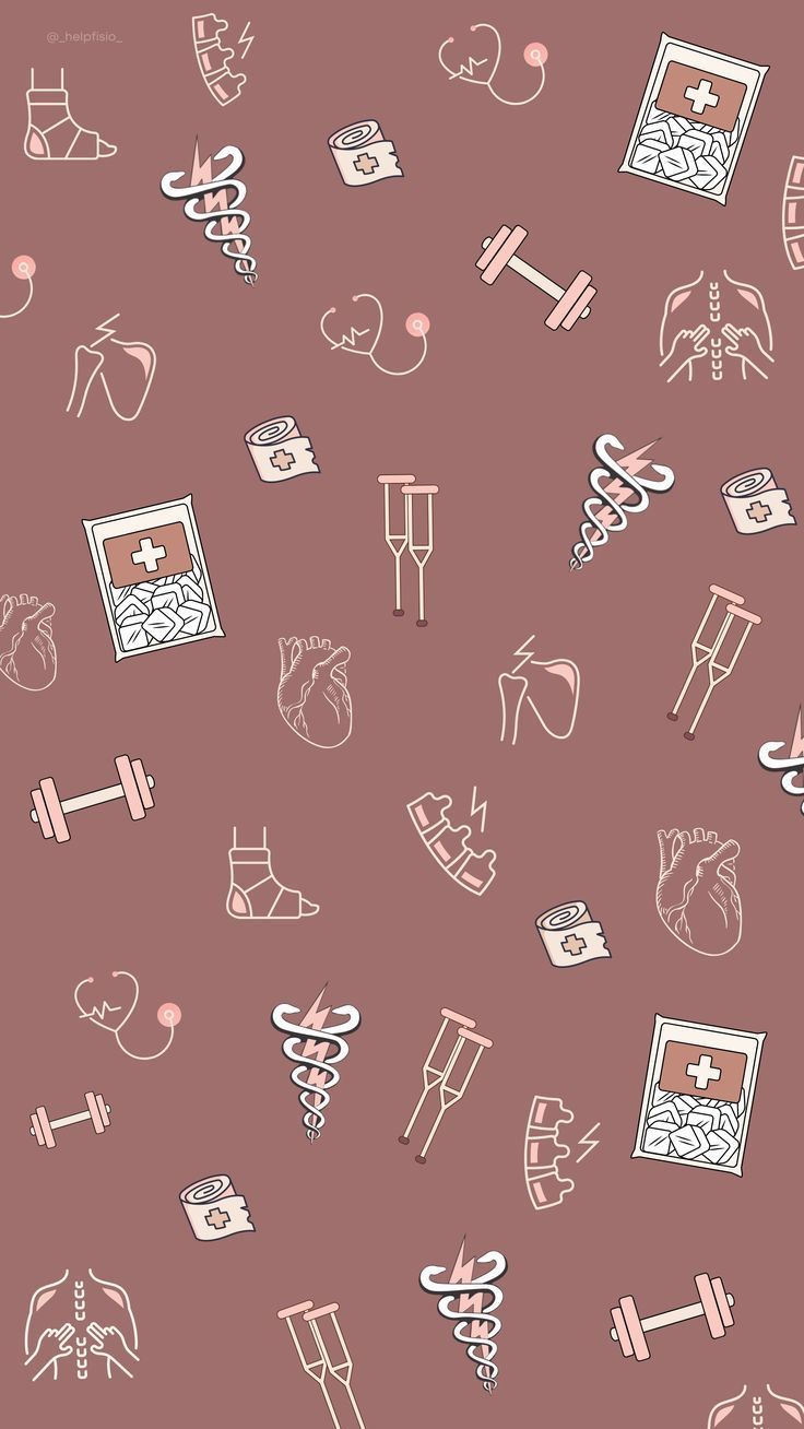 a pink background with various medical items and symbols on it's side, including stethoscopes