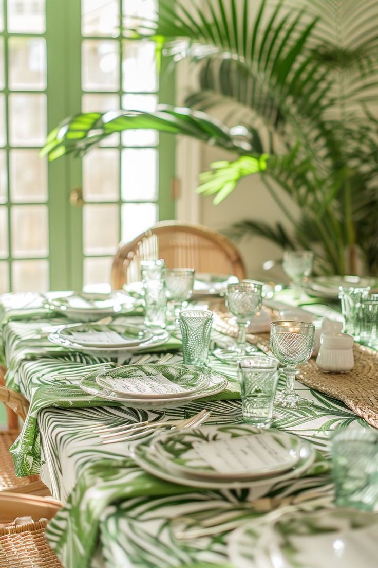 the table is set with plates and glasses