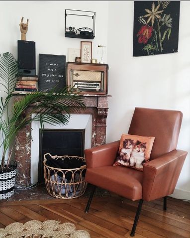 a living room filled with furniture and a fire place next to a plant on top of a hard wood floor