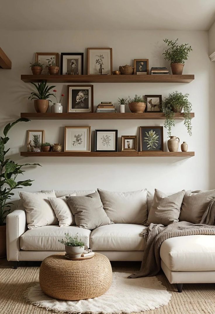 a living room filled with lots of furniture and plants on top of wooden shelves above a white couch