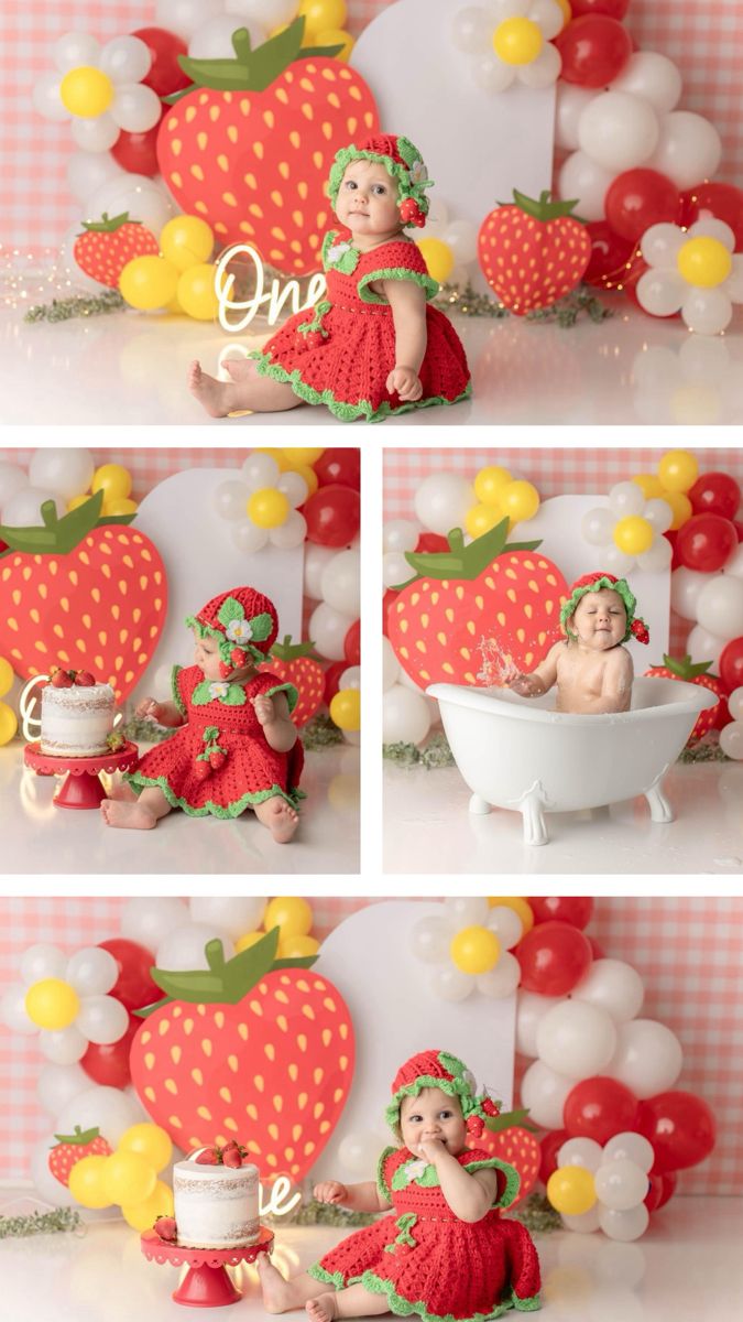 Strawberry themed first year session Strawberry Photoshoot Baby, Strawberry 1st Birthday Photoshoot, Strawberry Shortcake Photoshoot, Strawberry Cake Smash, Bee Birthday Theme, 1st Birthday Photoshoot, Bee Birthday, Strawberry Cake, Smash Cake