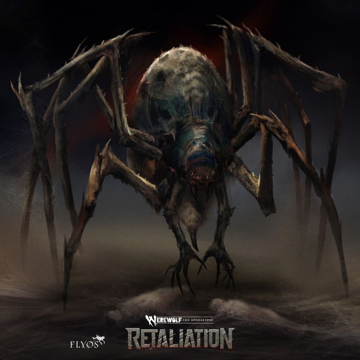 a giant spider with large legs and claws on it's face, standing in front of a dark background