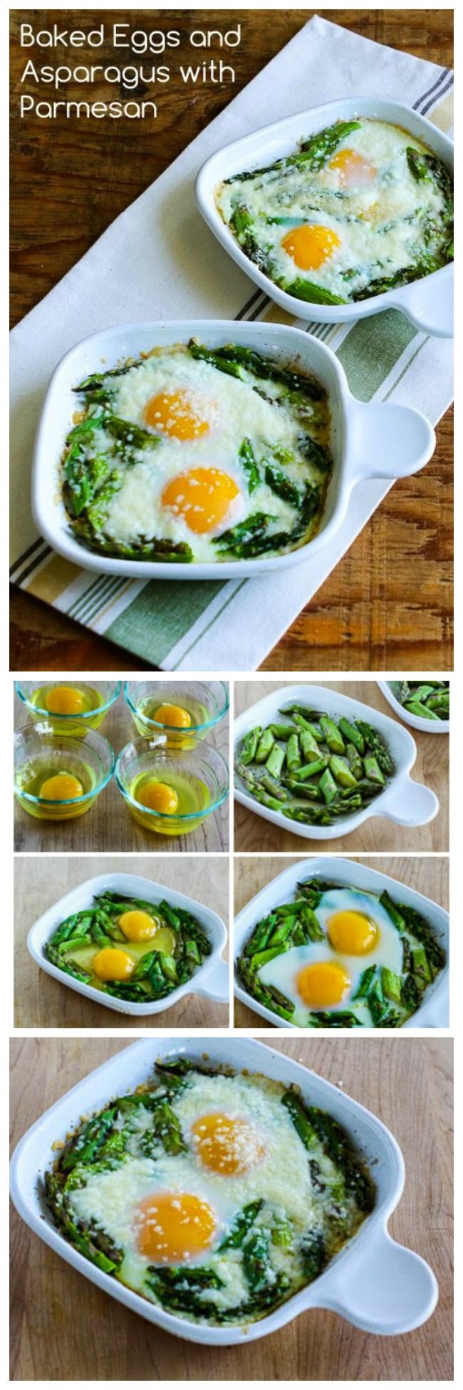 an egg and asparagus casserole in a white dish