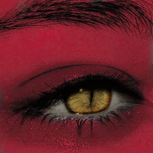 a woman's eye with red and yellow makeup