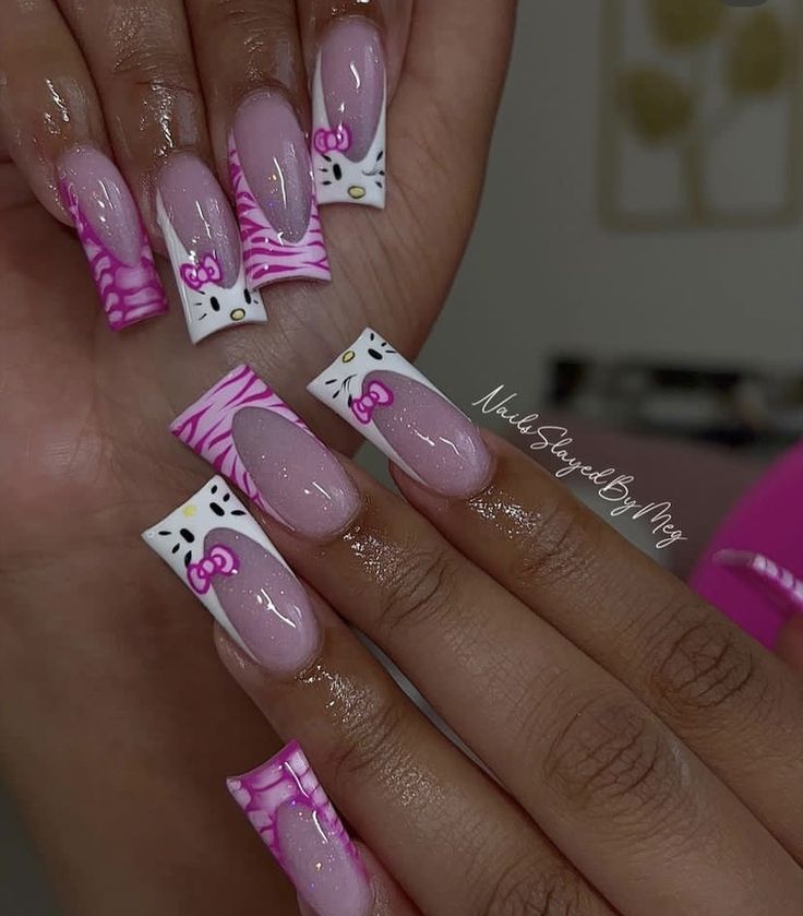 Hello Kitty Inspired Nails Short, Duck Nails Hello Kitty, Nails Acrylic Hello Kitty, Hello Kitty Inspired Nails, Hello Kitty Duck Nails, Pink Duck Nails, Pink Hello Kitty Nails, Cutest Nails, College Collage