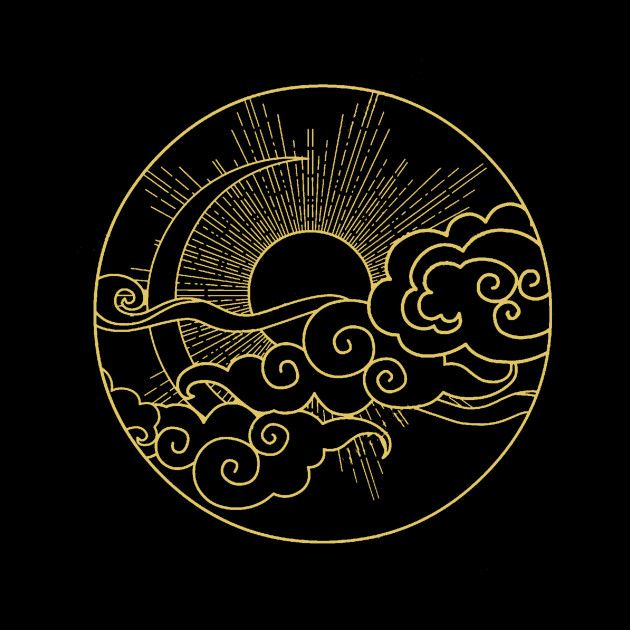 the sun and clouds are drawn in gold on a black background with an oval frame