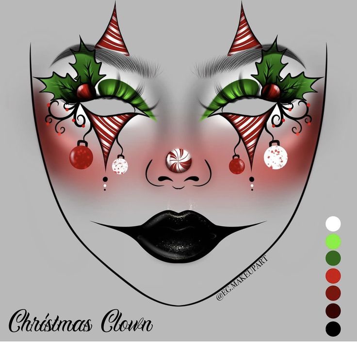 Christmas Clown Makeup, Goth Christmas Makeup, Christmas Eyeliner, Goth Eyeliner, Snow Makeup, Christmas Clown, Xmas Makeup, Christmas Eyeshadow, Makeup Charts