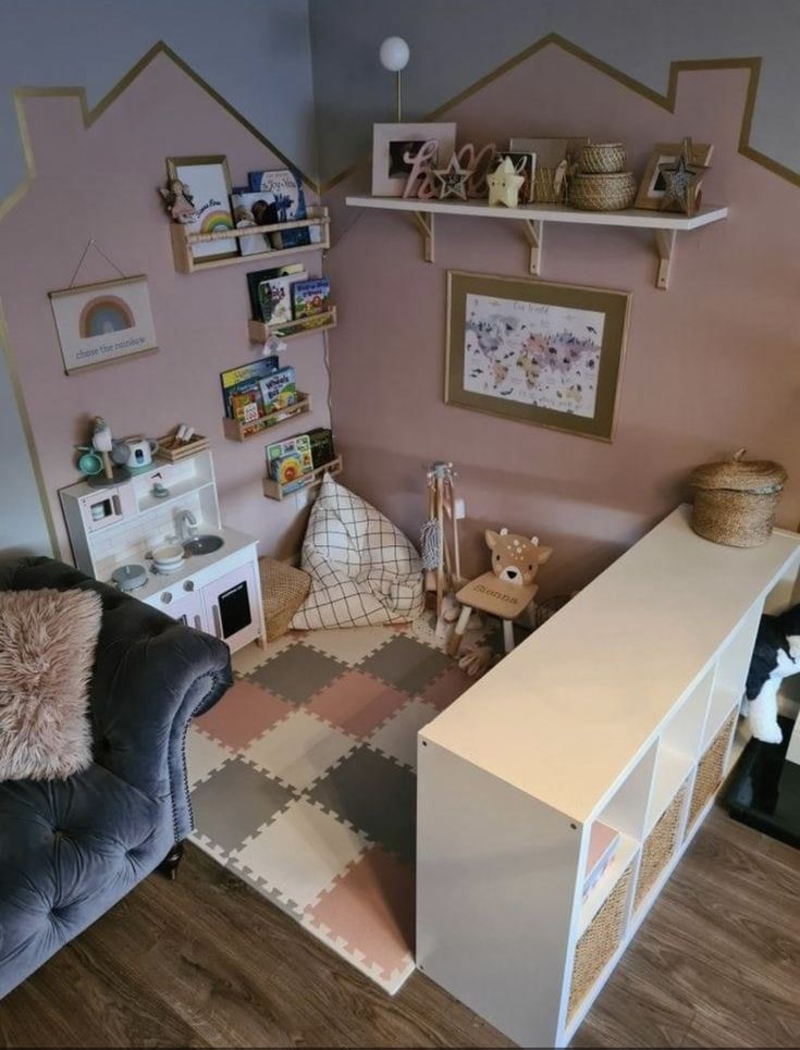 a living room filled with furniture and pictures on the wall