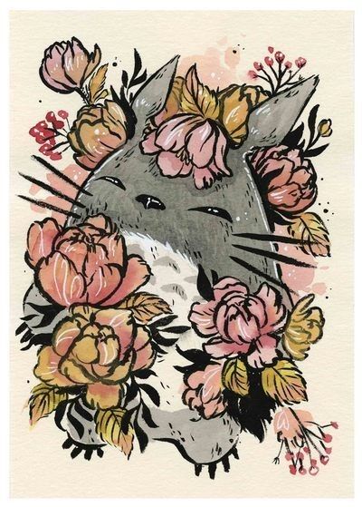 a drawing of a cat with flowers on it's head and the face of a mouse