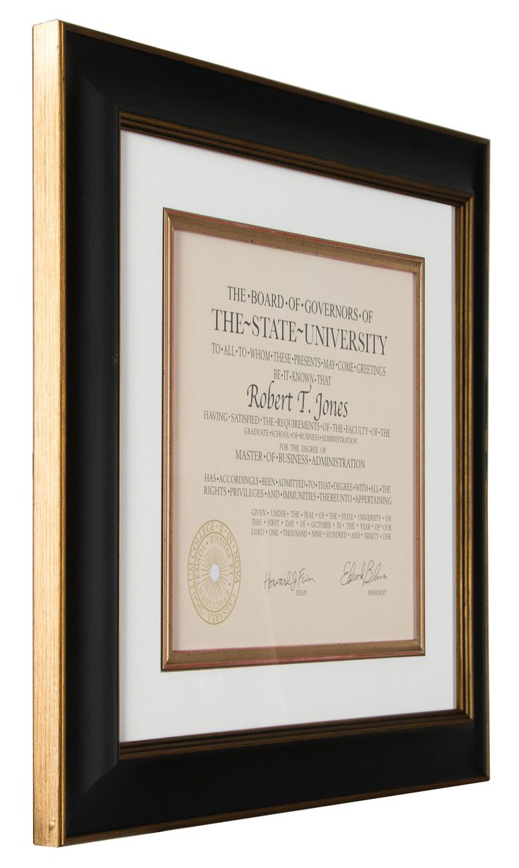 the framed certificate is on display in a black and gold frame with a white background