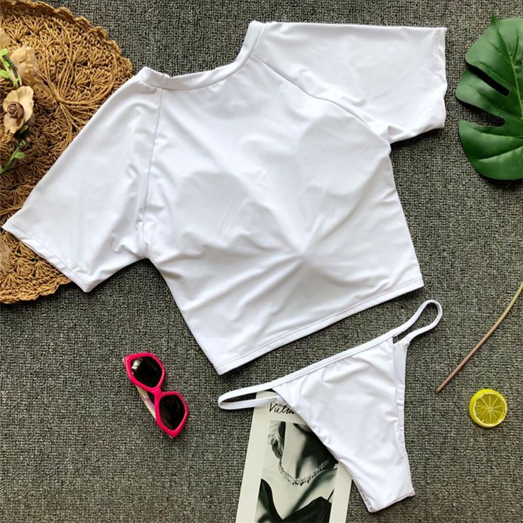 FREE SHIPPING Crop Top Bikini 2019 T-shirt Thong Bikini Set JKP13405 White T-back Tops For Summer, White Stretch T-shirt For Summer, White Short Sleeve Swimwear For Swimming, White Beachwear Top For Pool, Summer Beach T-shirt With Stretch, White Beachwear Tops For Poolside, White Summer Pool Top, White Short Sleeve Swimwear For Beachwear, White Triangle Top For Pool