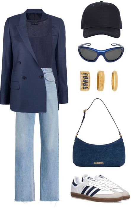 Outfit Inspiration: Navy Blue Navy Blue And Denim Outfits, Blue Leather Blazer Outfit, Ny Cap Women Outfit, Navy Blue Winter Outfit, Navy Bag Outfit, Blue Jacket Outfit Women, Navy Blue Blazer Outfits For Women, Navy Samba, Blue Beanie Outfit