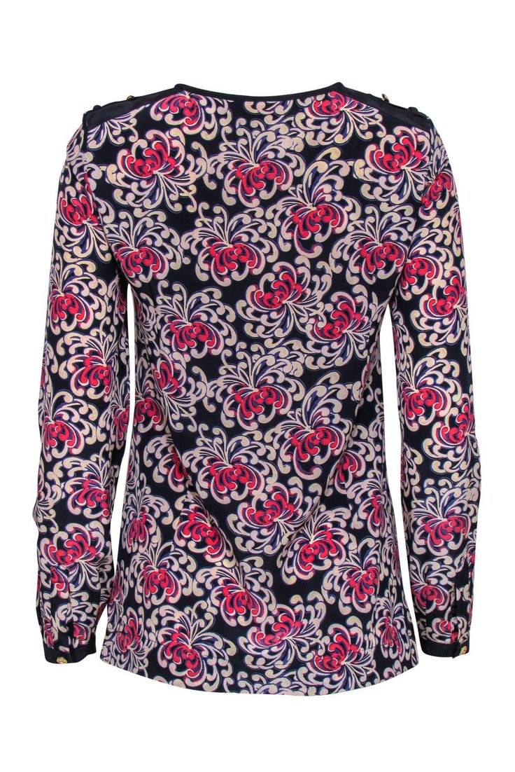 Go bright and bubbly for your next daytime adventure with this soft silk top from Tory Burch! Made with a floral print, this is the perfect piece to wear with your straight-legged jeans and your favorite sandals for a summery look. Size 2 100% Silk Relaxed fit Rounded neckline Long sleeved Front button closures Golden-toned buttons throughout Waist 34" Total length 27" Silk Tops With Vibrant Print And Long Sleeves, Casual Silk Tops With Vibrant Print, Vacation Floral Print Viscose Blouse, Chic Spring All Over Print Tops, Chic All Over Print Spring Tops, Chic Spring Tops With All Over Print, Chic All Over Print Tops For Spring, Floral Print Viscose Blouse For Vacation, Silk Tops With Multicolor Graphic Print