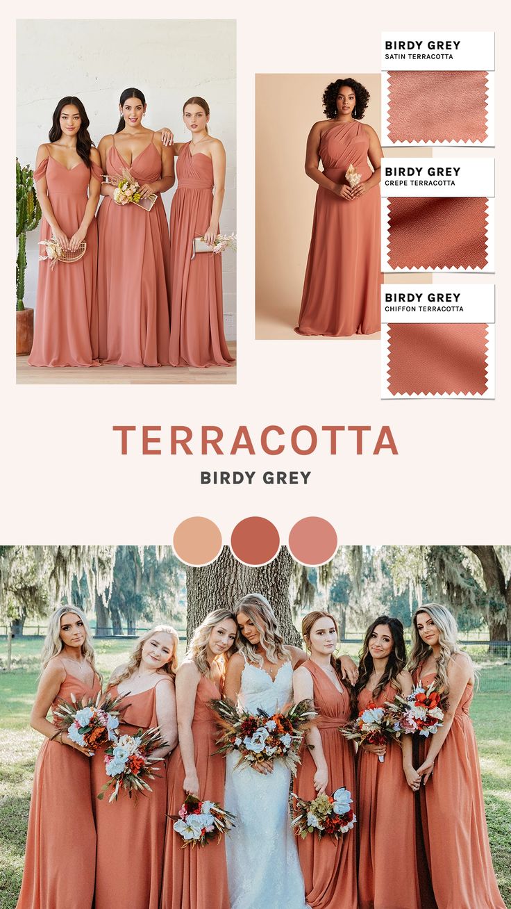 the bride and her bridesmaids in terracotta color palettes for their wedding