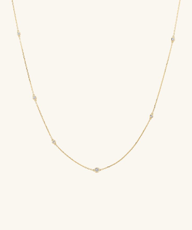 We spy more than a few reasons to love this piece. Six round bezel set diamonds sit on a diamond cut cable chain for maximum shine from every angle. Round Diamond Necklace, Baguette Diamond Necklace, Diamond Circle Necklace, Diamond Tennis Necklace, Necklace Diamond, Round Necklace, Circle Diamond, Bezel Set Diamond, Station Necklace