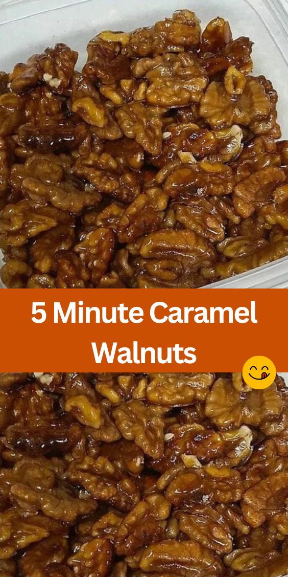 two plastic containers filled with walnuts and the words 5 minute caramel walnuts